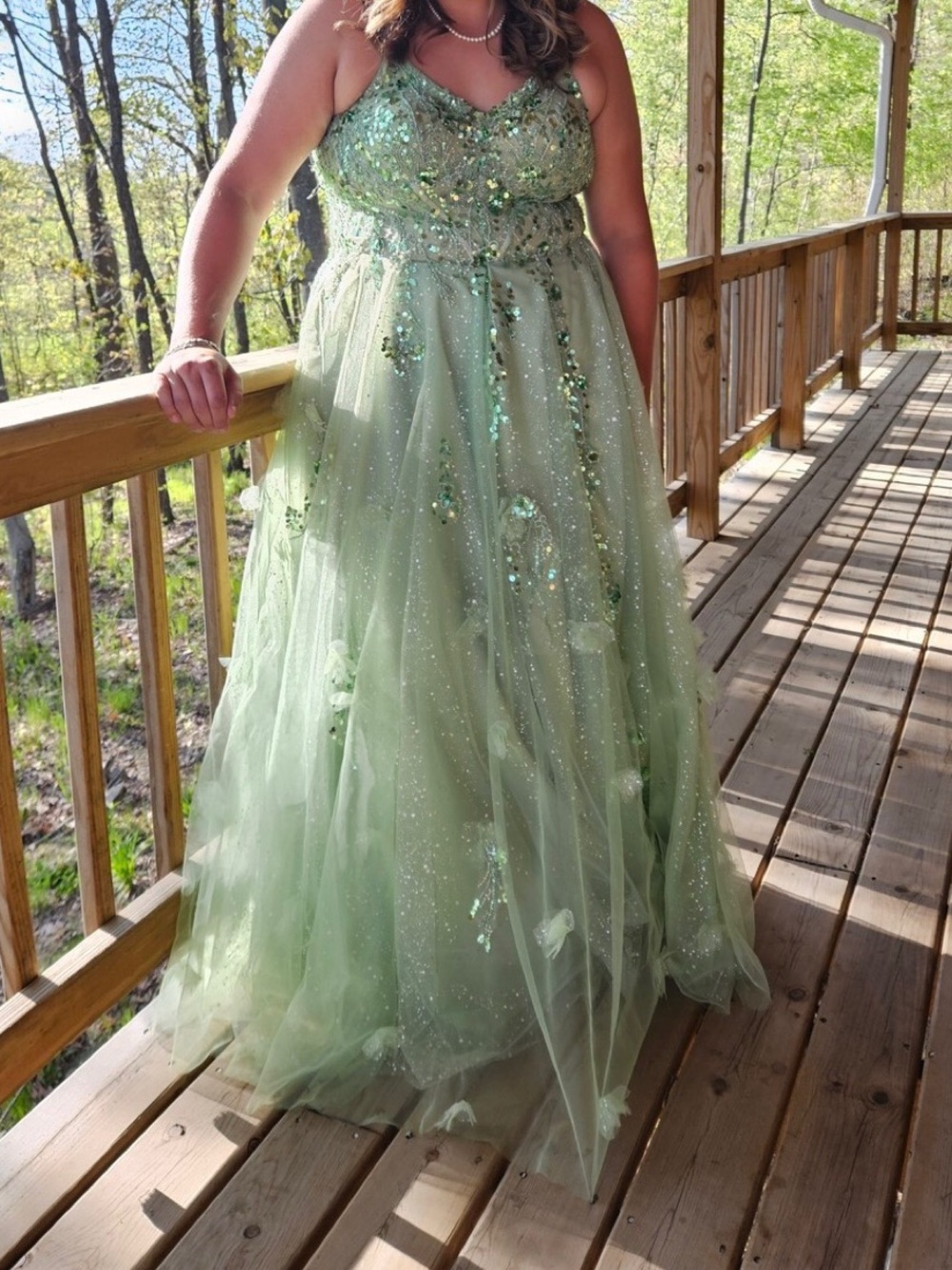 Plus-Size Sage Green Prom Dress with Sequin Bodice